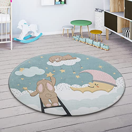 Paco Home Spielmatte Teppich Kinderzimmer Kinderteppich Junge Mädchen rutschfest Modern Sterne Wolken Mond Hase Türkis Creme Rosa, Grösse:155x230 cm