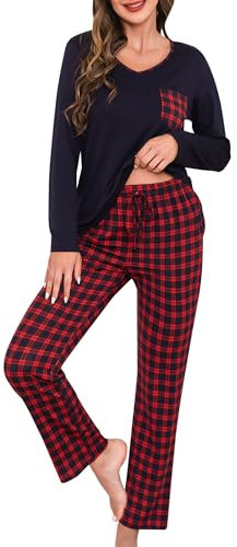 Lovasy Pyjama Femme Hiver Ensembles de Pyjama Femme en Coton Grande Taille Manche Longue 2 Pièces, Rouge, L