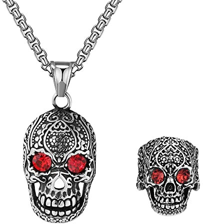 Liitata 2 Stück Totenkopf Anhänger Halskette Ringe Set Rot Kristall Augen Schädel Halskette Retro Skeleton Ring Rock Gothic Punk Hip Hop Kette für Männer