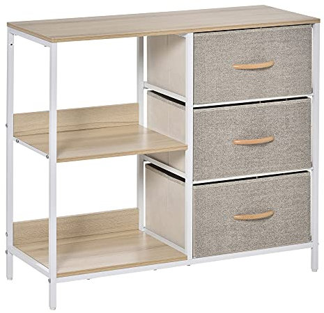 HOMCOM Commode Meuble de Rangement avec 3 tiroirs en Tissu Amovibles, 2 étagères et 1 Grand Plateau - 80 x 29 x 71 cm - Beige