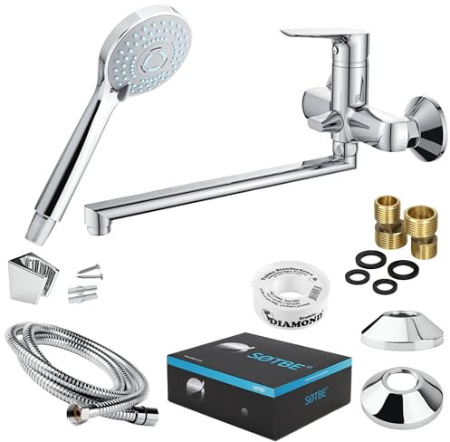 SOTBE Badewannenarmatur mit Handbrause - MESSING - Brausegarnitur - Klassisches Duscharmaturen Komplettset für die Badewanne - Duschsystem Wasserhahn Badewanne – Silber