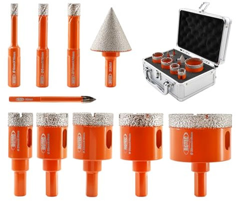 BGTEC Frese per Piastrelle - Punte Diamantate a Secco 6/8/10/20/25/32/35/50mm + punta smussatrice 35mm + punte trapano in carburo per Piastrelle, Ceramica, Marmo, Granito, Pietre Naturali(10 Pezzi)