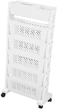 Scaffale per Libri Mobile, Carrello Portadocumenti, Organizer Bianco per Carta da Ufficio, Carrello Multiuso con Ruote, Scaffale per Libri Sulla Scrivania Dell'aula, Scaffale Bianco(6 strati)