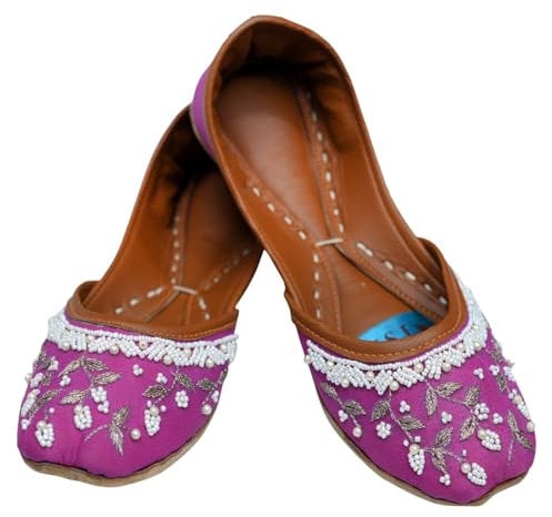 Women Ladies Traditional Embroidery Ethnic Bridal Handmade Leather Shocking Pink Flat Khussa Indian Pumps Slip On Shoes (4)