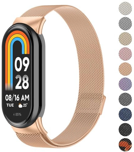 Oumida für Xiaomi Mi Smart Band 8 Armband Herren Damen, Metall Armbänder Edelstahl Mesh Uhrenarmband Magnetisch Verstellbar Sport Ersatzarmband für Xiaomi Mi Band 8 Ersatzbänder, Roségold