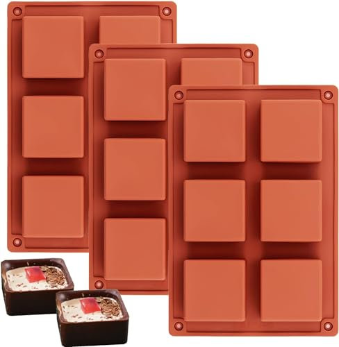 Socluer 3 moldes para hornear Brownie con 6 cavidades de silicona, moldes cuadrados pequeños, aptos para alimentos y antiadherentes, para tartas, cubitos de hielo, chocolates