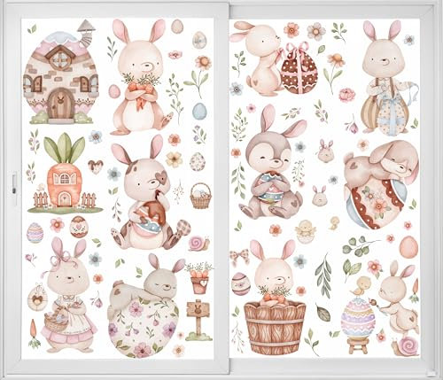 12 Blätte große Osterfensteraufkleber, Osterdeko, Osterdekorationen, süße Häschen-Eier, Fensteraufkleber, Ostereier, Blumen, Fensteraufkleber, Partyzubehör für Zuhause, Schule, Büro