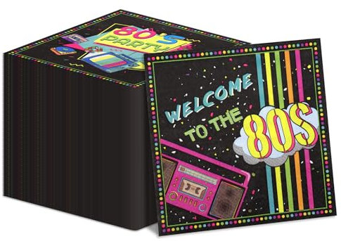 100 Stück 80er-Jahre-Servietten, 33 x 33 cm, Back to the 80s Party-Dekorationen, Bunte Hip-Hop-Motive für Motto-Party, Partyzubehör