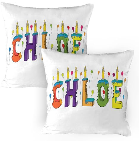 ABAKUHAUS Chloe Kissenbezug Packung mit 2, Beschriftung mit fröhlich gebissenen Kuchen Kerzen Girly Birthday Party Design Vorname, Dekorativer Standard Gedruckter Kissenbezug, 80 x 80 cm, Mehrfarbig