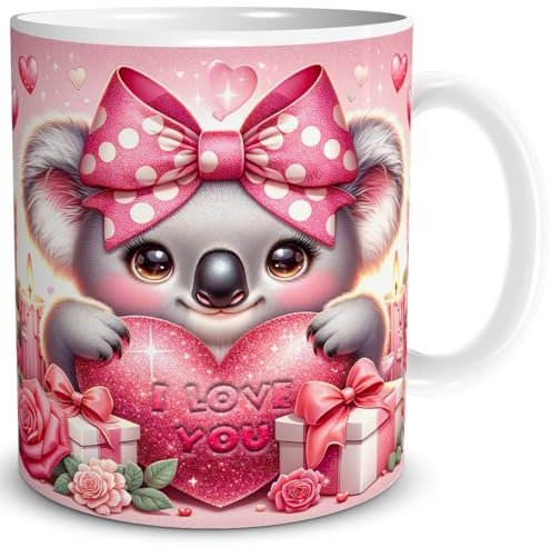 TRIOSK Tasse Valentinstag Koala Bär mit Herz I Love You Spruch Ich liebe Dich Geschenk Tierliebe für Sie Frauen Freundin Bärenliebhaber, Keramik 300ml