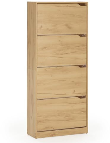 HOMN LIVING Mueble Zapatero Ángel 4 Puertas Color Roble Claro, para 24 Pares, 63 cm (Ancho) 24 cm (Profundo) 150 cm (Altura)