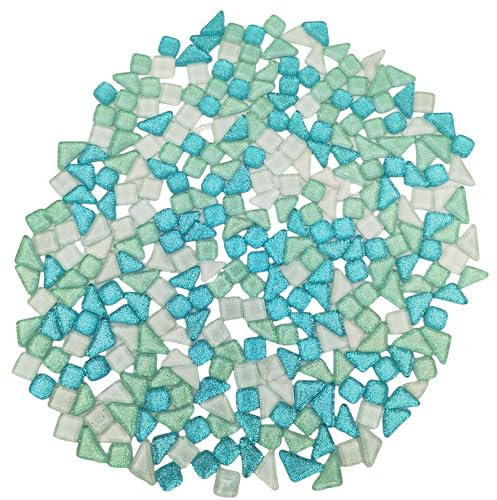 500 g zufällige unregelmäßige Glitzer-glänzende Glasmosaikfliesen zum Basteln, Großpackung, Glasmosaik-Stück-Set für Tassen, Bilderrahmen, Heimdekoration, DIY-Kunstprojekte (Mix Sky Blue White)