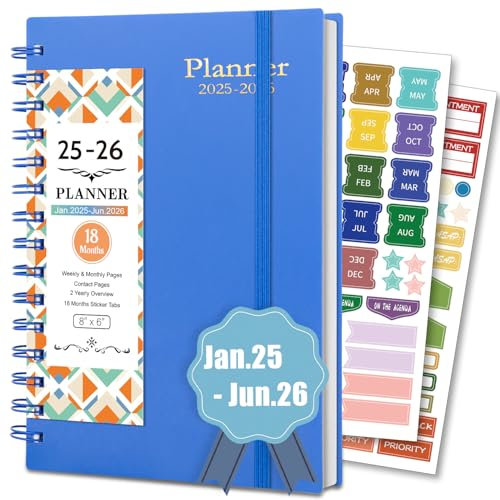 BLESWIN Wochenplaner 2025 2026, A5 Terminplaner 18 Monate Kalender 2025 A5 (20,8 x14,4 cm), Wochenplaner mit Stickern Tabs, Kalender 2025 Buchkalender Blau für Leben Arbeit Tagebuch