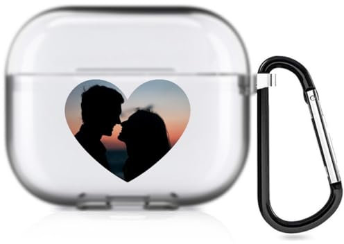 Cover personalizzata a forma di cuore Compatibile con Apple AirPods 3, cover personalizzata morbida con la tua immagine (Semi-chiaro)