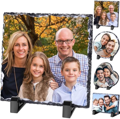 LLLGSH Personalisiertes Schieferplatte mit Foto für die Familie - Tafel aus Schiefer mit eigenem Bild - Pärchen Weihnachten Geschenke Geburtstag Muttertag Vatertag Valentinstag - Quadrat 14cm