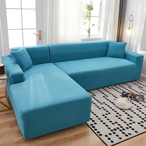 Bishilin Sofabezug Ecksofa 3 Sitzer + 4 Sitzer, Couchbezug L Form mit Armlehne Modern Einfarbig 190-230CM+235-300CM Überwurf Sofa Polyester Blau