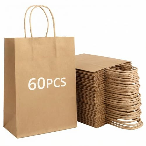 QWORK® 60 Stück Braun Geschenktüten aus Papier mit Griffen, kraftpapier tüten, 15 x 8 x 21 cm, für Partys, Verpackungen, Einkaufstasche, Einkaufstüten