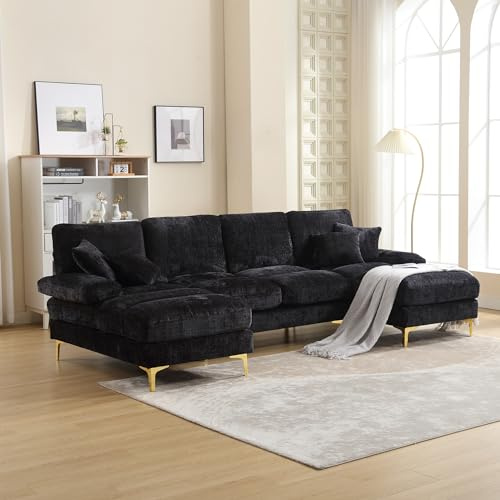 YESGIGA Modern Large Chenille Fabric U-Shape Sectional Sofa (Schwarz)