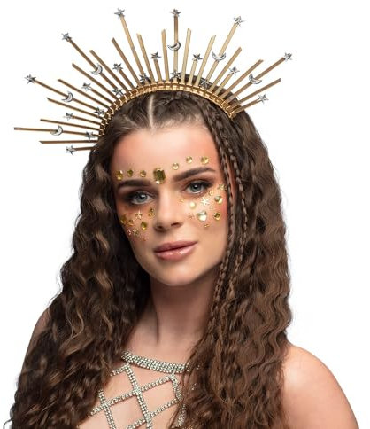 MIMIKRY Diadem Halo-Krone Apollo Gold/Silber Tiara Sonne Mond Sterne Haarreif Kopfschmuck Heiligenschein Göttin Engel