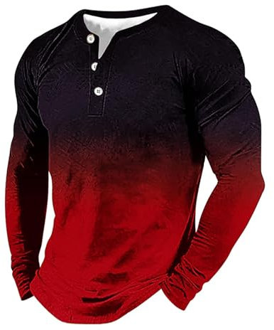 Men's Long Sleeved Three Button T Shirt 3D Gradient Printed Pullover T Shirt 2xlt Shirts for Men (Red, L)