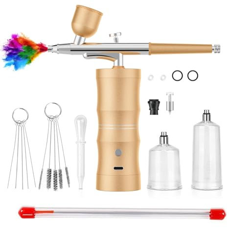 Air brush kit with air compressor,32PSI Airbrush kit Rechargeable Auto Handheld Cordless Airbrush Set Wireless, Barber Air Brush kit, Nail Art, Cake Decor, Makeup, Model Painting (Golden)