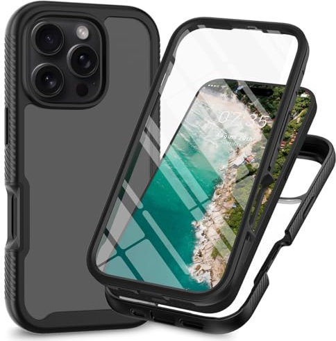 Togestar Phone Case for iPhone 16 Pro Max Built-in Screen Protector, 360 Degree Full Body Protection Shockproof Rugged Silicone Bumper Clear Back Case Cover for iPhone 16 Pro Max - Black