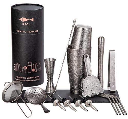 SKY FISH Boston Cocktail Shaker Set, 3D Embossed Design Bartender Set, 18-Piece Cocktial Making Kit, Stainless Steel Barware Tool Set, Space Grey