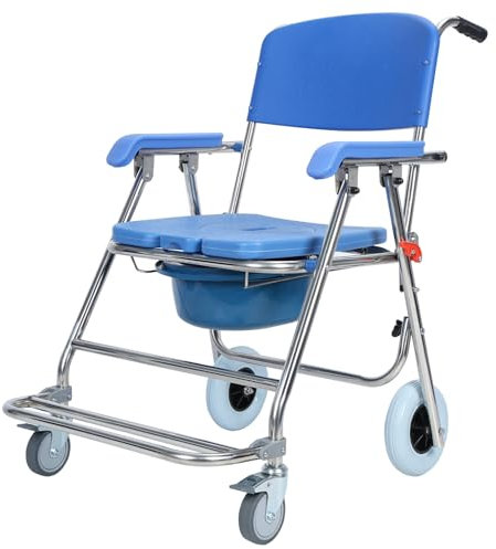 Chaise percée pliante pour douche et douche, capacité de poids de 136,1 kg, chaise de toilette roulante pour personnes âgées et handicapées, fauteuil percé réglable avec accoudoirs bleu