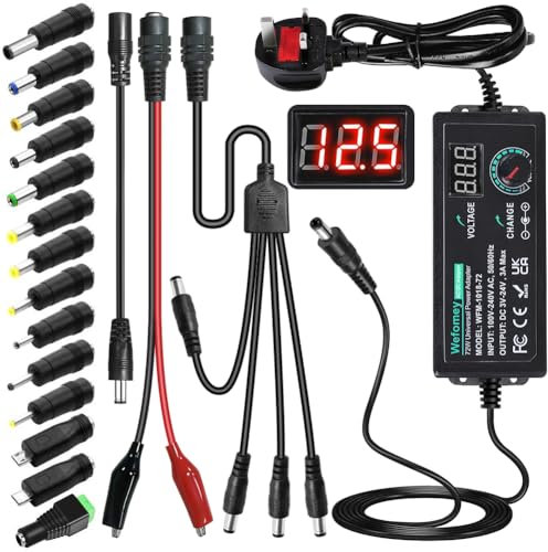 Universal Power Supply 3V~24V 3A 72W Adjustable Variable 3V 5V 9V 12V 18V 20V 24V AC/DC Adapter Charger, 100V-240V AC to DC Converter with 14 Tips, Polarity Converter and 4-Way Power Splitter Cable