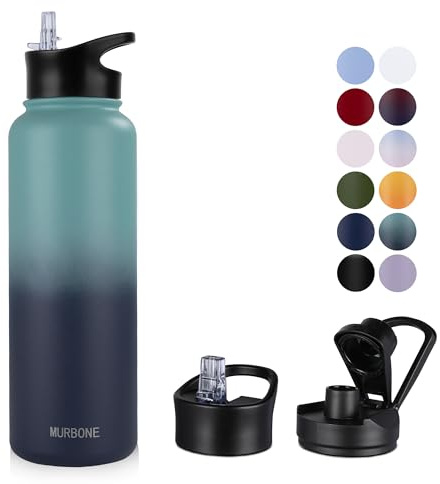 MURBONE Edelstahl Trinkflasche 1.2L (+2 Deckel)-mit Strohhalm,BPA frei,Thermosflasche Auslaufsicher,Kohlensäure Geeignet,Thermoskanne Vakuum Doppelwandisolierung für Sport, Reisen, Camping