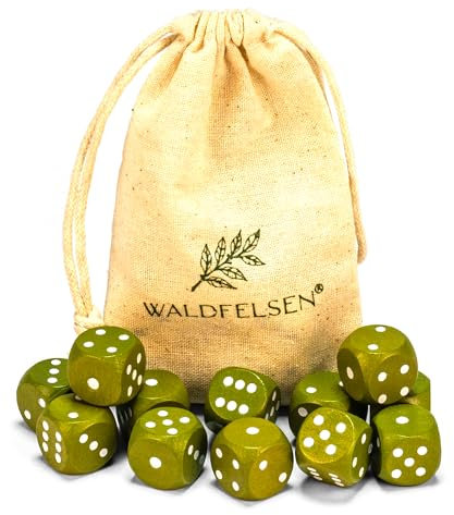 Waldfelsen 6, 12, 20, 30 o 50 dadi in legno di faggio di alta qualità in vero legno di faggio, cubi da gioco in legno, cubi standard da 16 mm, con sacchetto di stoffa (oliva, 12 pezzi)