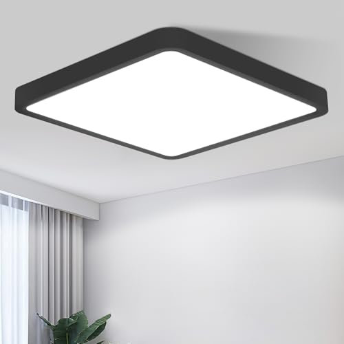 muyuua Deckenlampe LED Deckenleuchte Flach - 23CM Badezimmerlampe Schwarz 18W Flurlampe Deckenbeleuchtung Schlafzimmer 6500K Küchenlampe Eckig Badlampe Decke für Bad Küche Flur