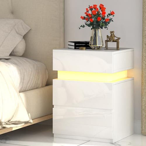 PIPIPOXER Nachttisch mit LED Licht, 3 Schubladen Nachttisch Weiß Hochglanz mit 3 Schubladen, LED Einstellbare 16 Farben, Beistelltisch Nachtschrank für Schlafzimmer Wohnzimmer, 40x35x55cm, Weiß