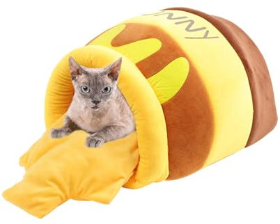 YPDOPORA Honey Jar Cat Bed for Cats, Bunny Hideout Warm Fleece Cuddle Cup Snuggle Sack with Removable Cushion Hideout Sleeping Cave for Rabbit, Cats Or Small Dogs,S