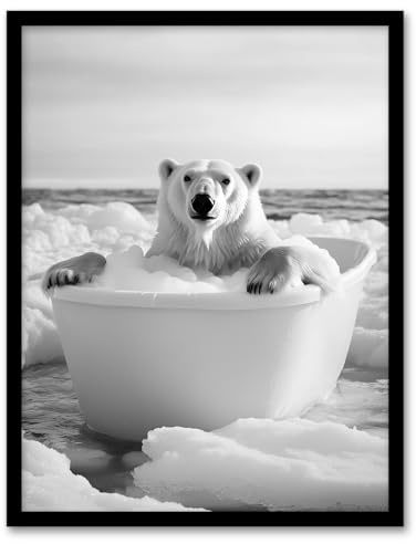 Artery8 Polar Bear In Bathtub Black White Arctic Seascape Bathroom Toilet Artwork Framed Wall Art Print A4