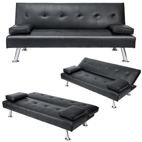 CROWNSHOP 3 Seater Sofas Modern Sofa Beds with Upholstered Convertible Sofas & Couches Couch Adjustable Angle Sofas with Metal Legs for Living Room/Spare Room/Guest Room Black PU Leather