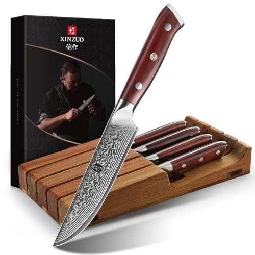 XINZUO Juego de 5 Cuchillos de Bistec 67 Capas de Acero Damasco -Afilado Hoja Recta Cuchillo de Mesa -Profesional Cuchillos de Carne -Mango de Madera de Rosa -con Bloque Portacuchillos para Cajones