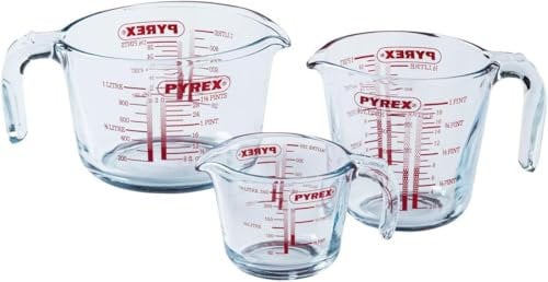 Pyrex Glass Measuring Jug Set, 0.25L, 0.5L & 1L, Heat-Resistant Borosilicate Glass, Microwave & Dishwasher Safe, Glass Solutions Jugs
