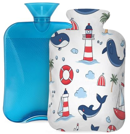 Entemne Wärmflasche, 2 l, Motiv: Leuchtturm, Wal, Wärmbeutel mit Bezug, wiederverwendbare Therapie-Tasche zur Schmerzlinderung, Menstruationskrämpfe, Muskelkater, Winterwärme, Geschenk