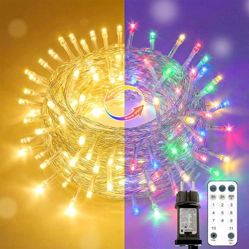 ZCLIKEU Farbwechsel Lichterkette Außen 10m 100 LEDs mit Fernbedienung, 11 Modi Led Lichterkette Innen Transparentes Kabel mit Stecker Timer für Party Häuser Deko