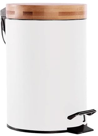 White 3L Metal Bathroom Bin with Bamboo Lid, Soft Close Pedal Bin | Removable Inner Bucket for Easy Clean, En-Suites and Bathrooms Trash Can - Compact Design Waste Paper Basket