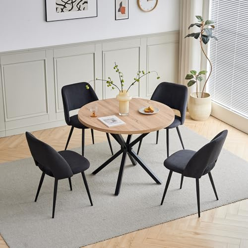 DEYARNA HOME Esstischgruppe mit 4 Stühlen, 100cm Runder Tisch mit 4 Gepolsterte Samt-Esszimmerstühle, Mittelcentury Modern Design für Küche, Wohnzimmer, Restaurants (Helle Holzmaserung+Schwarz)