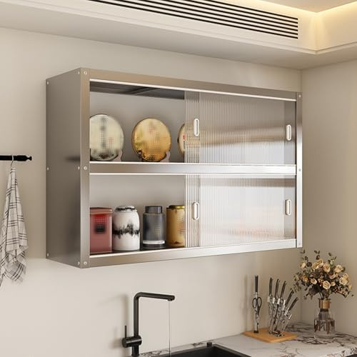 Armario Pared Cocina Estrecho con Puertas Correderas Transparentes | Acero Inoxidable Capacidad de Carga por Capa: 25 Kg Muebles Cocina Pareds para Cocinas, Salones, Baños(60*30*70cm)
