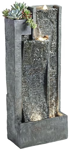 Outsunny Gartenbrunnen für den Außenbereich, 3-stufig – Wasserbrunnen mit Pflanzkübel und moderner Wasserwand – 101 cm große Terrassendekoration im Zen-Stil, beleuchtet mit 24 LEDs, grau