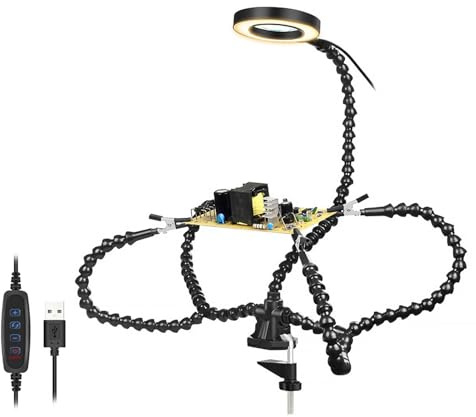 Cocoarm Beleuchtung LED-Lupenlampe mit PCB-Befestigung, Helfende Hände, ABS 5X 55-mm-Linse, 3 Lichtmodi, 11 Helligkeit, 3 Flexible Arme, Klemmsockel Zum Löten von Elektronik-Heimwerkern (BLACK)
