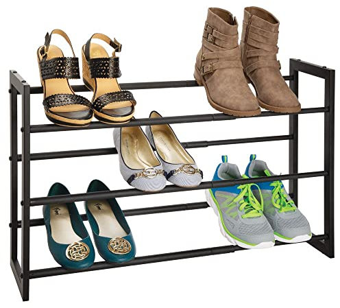 mDesign Teleskop-Schuhregal – auf 78,7 cm ausziehbares Schuhregal aus Metall mit DREI Ebenen – platzsparende Alternative zum Schuhschrank – schwarz
