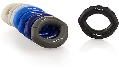 AFH Webshop 8er Spar Set | Silikon Handtrainer und Fingertrainer | EasyFlex Premium Qualität | ergonomischer Fingertrainer Ring | Greifkraft Griffkraft Trainer | 8 Verschiedene Widerstände
