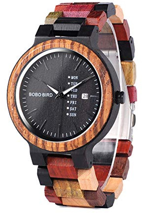 BOBO BIRD Herren Holz-Edelstahl Armbanduhr *Colorful Week* mit Datum- & Tagesanzeige Handgefertigt Quarz Analog Uhr inkl. Geschenkbox