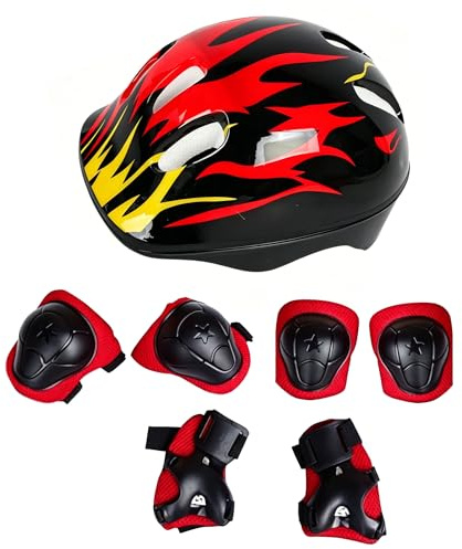 Upstore 1Set(Black+Red) 7 in 1 Sports Skateboard Protection Sets Cycling Roller Skating Helmet/Elbow Pads/Knee Pads/Wrist Pads Safety Protective Guard Gear for Kids Children(S for 2-7 years old)