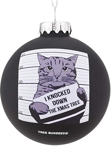 Tree Buddees Hilarious Cat Mugshot - Knocked Down The Xmas Tree Funny Glass Christmas Ornament